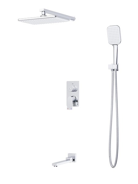 BELBAGNO Due Душевой комплект встраиваемый с изливом (смеситель встраиваемый, верхний душ, ручной душ со шлангом, штуцер с держателем), хром - фото 207873