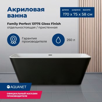 AQUANET Family Ванна акриловая асимметричная отдельностоящая / пристенная размер 170x75 см, цвет белый / черный AQUANET-13775-GW-MB - фото 280241