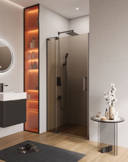 CEZARES Slider Душевая дверь в нишу распашная ширина 90 см профиль - оружейная сталь / стекло - бронза SLIDER-B-1-90/100-BR-GM