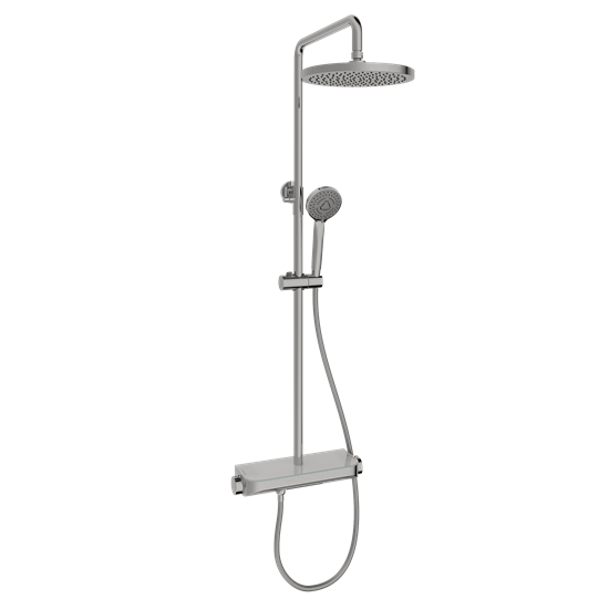 SANCOS Душевая стойка Teo c термостатом, встроенным изливом, полкой и с регулировкой по высоте штанги, c верхним душем ?250 мм , ручным душем ?100 мм, 3 режима, цвет хром, арт. SC11002CH SC11002CH