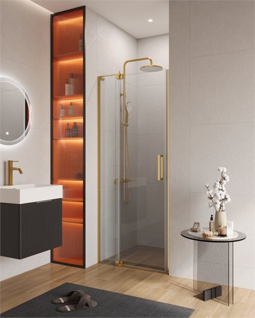 CEZARES Slider Душевая дверь в нишу распашная ширина 70 см профиль - брашированное золото / стекло - прозрачное SLIDER-B-1-70/80-C-BORO