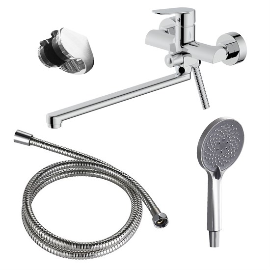 AZARIO Смеситель для ванны Alanti керамический картридж, длинный излив, с ручным душем, шланг 150 см, хром (AZ-K1732) AZ-K1732