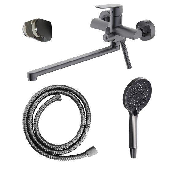 AZARIO Смеситель для ванны Alanti керамический картридж, длинный излив, с ручным душем, шланг 150 см, графит (AZ-K1732GR) AZ-K1732GR