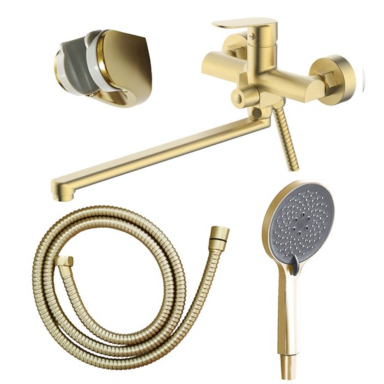 AZARIO Смеситель для ванны Alanti керамический картридж, длинный излив, с ручным душем, шланг 150 см, золото матовое (AZ-K1732MG) AZ-K1732MG