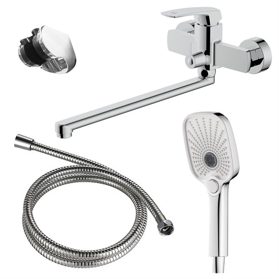 AZARIO Смеситель для ванны Conda керамический картридж, длинный излив, с ручным душем, шланг 150 см, хром (AZ-K1711) AZ-K1711