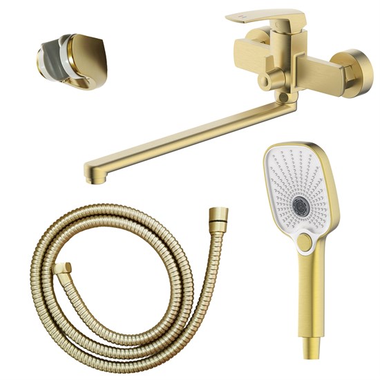 AZARIO Смеситель для ванны Conda керамический картридж, длинный излив, с ручным душем, шланг 150 см, золото матовое (AZ-K1711MG) AZ-K1711MG