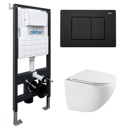 ABBER Комплект подвесной унитаз Bequem AC1131TC белый, с закрытым дном с инсталляцией AC0105 и кнопкой AC0120MB черный матовый AC1131TC-AC0105-AC0120MB