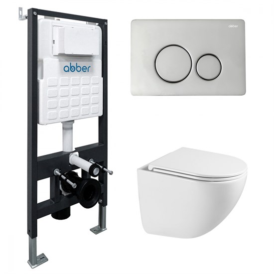 ABBER Комплект подвесной унитаз Bequem AC1131TC белый, с закрытым дном с инсталляцией AC0105 и кнопкой AC0121 хром глянцевый AC1131TC-AC0105-AC0121