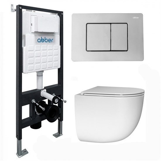 ABBER Комплект подвесной унитаз Bequem AC1132TC белый, с закрытым дном с инсталляцией AC0105 и кнопкой AC0120 хром глянцевый AC1132TC-AC0105-AC0120