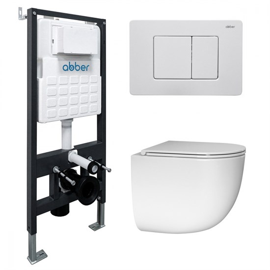 ABBER Комплект подвесной унитаз Bequem AC1132TC белый, с закрытым дном с инсталляцией AC0105 и кнопкой AC0120MW белая матовая AC1132TC-AC0105-AC0120MW