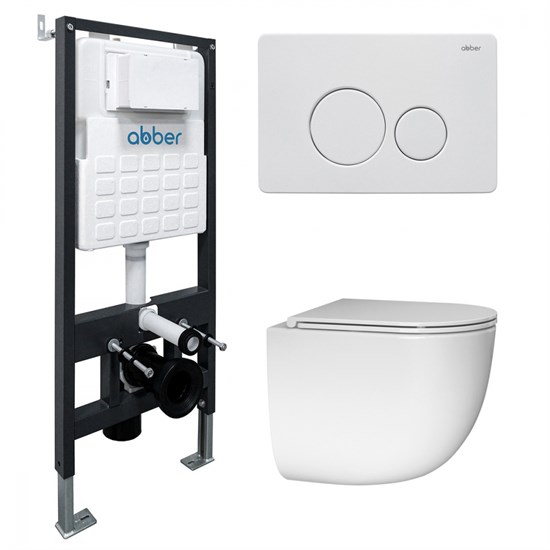 ABBER Комплект подвесной унитаз Bequem AC1132TC белый, с закрытым дном с инсталляцией AC0105 и кнопкой AC0121MW белая матовая AC1132TC-AC0105-AC0121MW