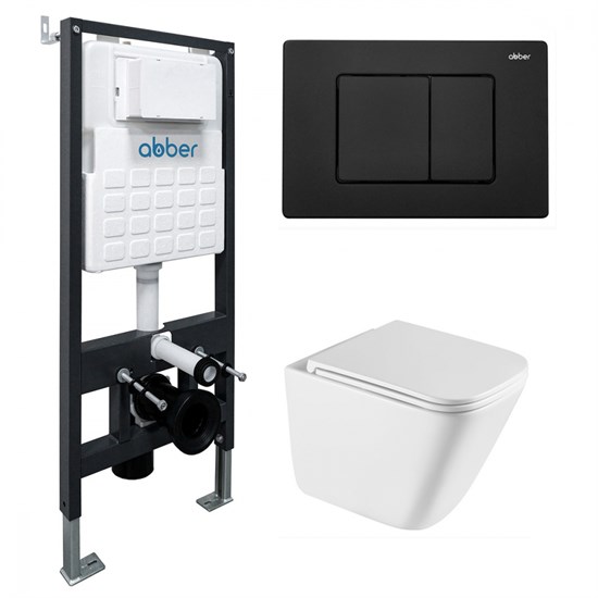 ABBER Комплект подвесной унитаз Rechteck AC1219TC белый, с закрытым дном с инсталляцией AC0105 и кнопкой AC0120MB черный матовый AC1219TC-AC0105-AC0120MB