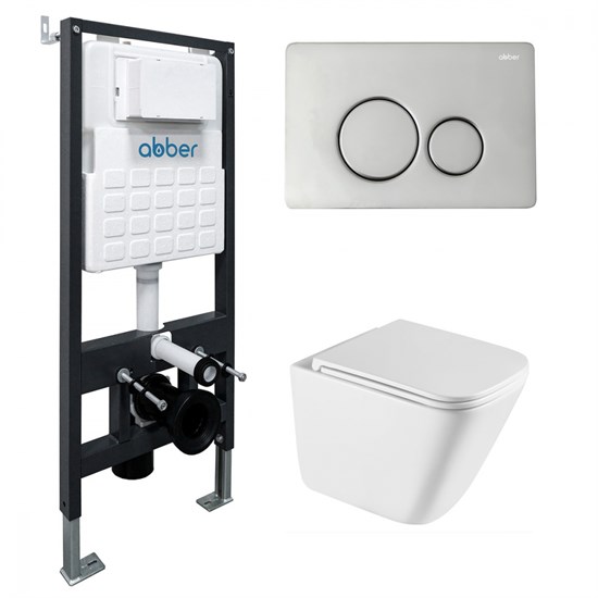ABBER Комплект подвесной унитаз Rechteck AC1219TC белый, с закрытым дном с инсталляцией AC0105 и кнопкой AC0121 хром глянцевый AC1219TC-AC0105-AC0121