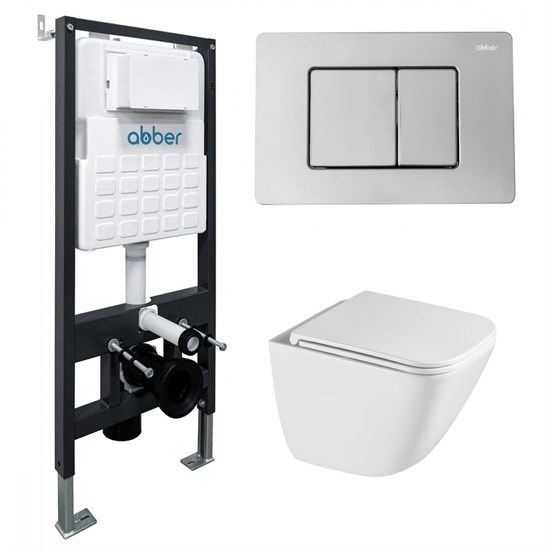 ABBER Комплект подвесной унитаз Rechteck AC1220TC белый, с закрытым дном с инсталляцией AC0105 и кнопкой AC0120 хром глянцевый AC1220TC-AC0105-AC0120
