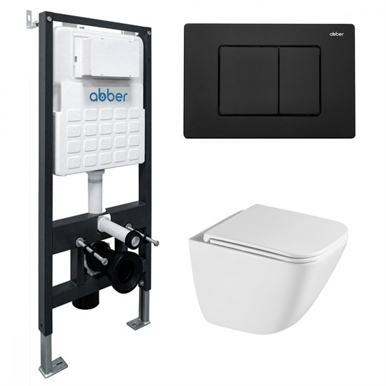ABBER Комплект подвесной унитаз Rechteck AC1220TC белый, с закрытым дном с инсталляцией AC0105 и кнопкой AC0120MB черный матовый AC1220TC-AC0105-AC0120MB