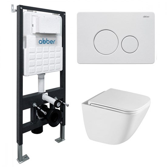ABBER Комплект подвесной унитаз Rechteck AC1220TC белый, с закрытым дном с инсталляцией AC0105 и кнопкой AC0121MW белая матовая AC1220TC-AC0105-AC0121MW