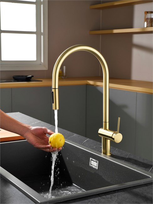 AQUAme AQM9901BG  Cucina  Смеситель для кухни с выдвижным U-образным изливом, золото шлифованное AQM9901BG