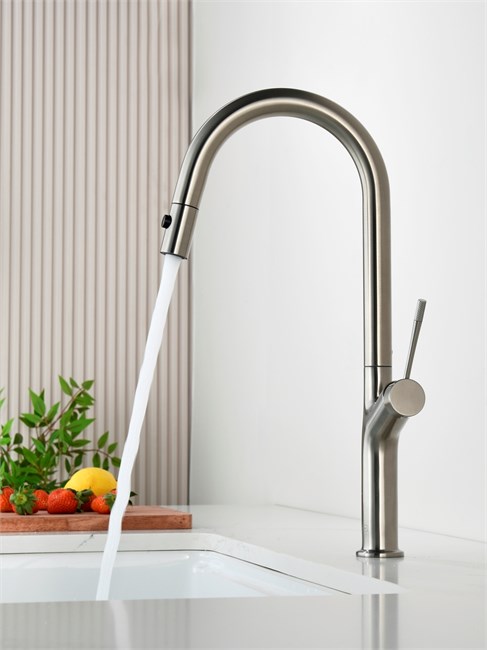 AQUAme AQM9905BN   Cucina  Смеситель для кухни с выдвижным U-образным изливом,  с подключением к фильтру с питьевой водой, никель шлифованный AQM9905BN