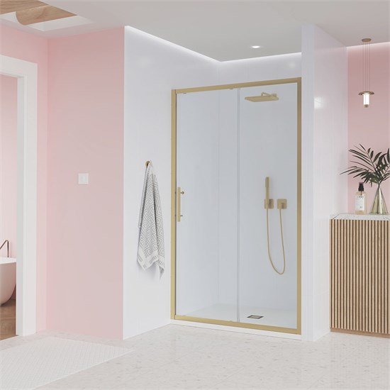 VECONI Душевая дверь Evo 100 G, 1500x1950, золото брашинг, стекло прозрачное E1-G-150-01-C9