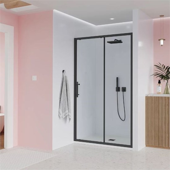 VECONI Душевая дверь Evo 100 B, 1600x1950, черный матовый, стекло прозрачное E1-B-160-01-C9