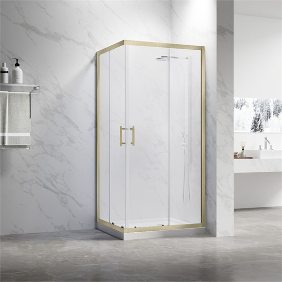 VECONI Душевой угол квадратный, двери раздвижные Rovigo RV-27G, 1000x1000x1900, золото брашинг, прозрачное стекло RV27G-100100-01-C8