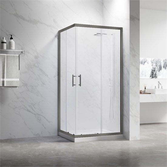 VECONI Душевой угол квадратный, двери раздвижные Rovigo RV-27GM, 900x900x1900, оружейная сталь, прозрачное стекло RV27GM-9090-01-C8
