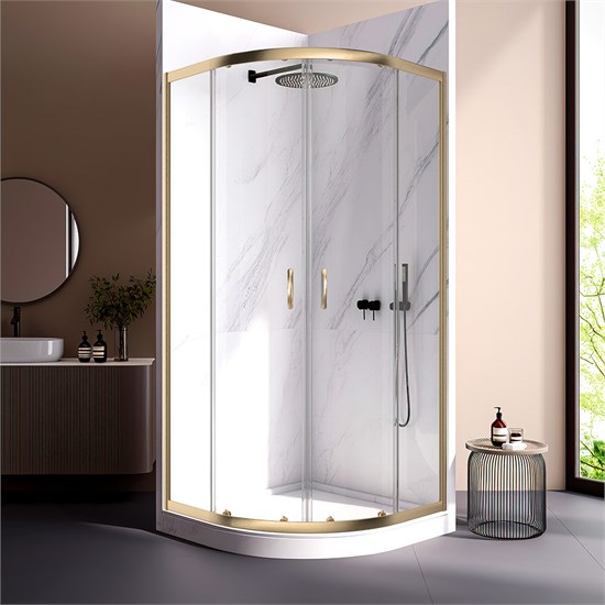 VECONI Душевой угол квадратный, двери раздвижные Rovigo RV-202G, 900x900x1900, брашированное золото прозрачное стекло RV202G-90-01-C4
