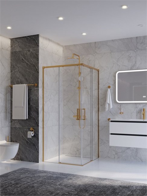 CEZARES Plane Душевой уголок квадратный двери раздвижные размер 90x90 см, профиль - брашированное золото / стекло - прозрачное PLANE-A-2-90-C-BORO