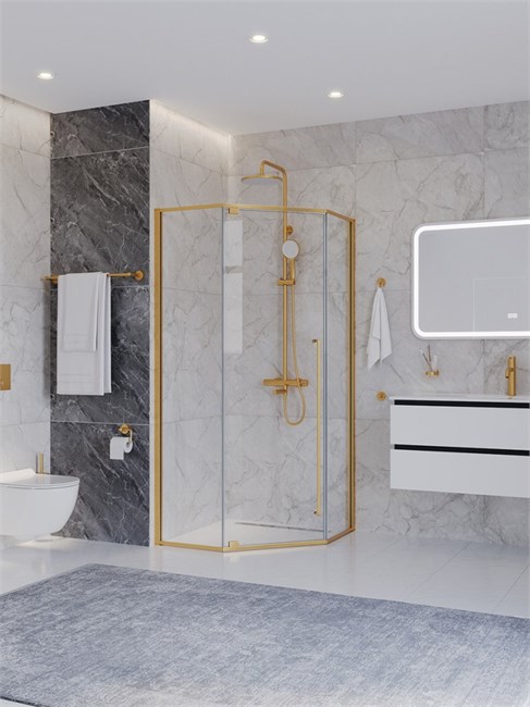 CEZARES Plane Душевой уголок пятиугольный двери распашные размер 90x90 см, профиль - брашированное золото / стекло - прозрачное PLANE-P-1-90-C-BORO