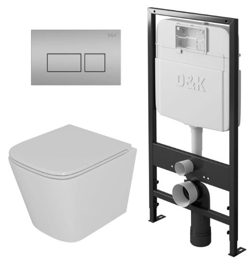 DK Комплект Унитаз подвесной безободковый D&K Berlin DT1436016, 490*340*350мм, сиденье микролифт, белый+Инсталляция рамная скрытого монтажа D&K DI8055119, 550*100*1190мм, для подвесного унитаза, универсальная+Клавиша смыва D&K Berlin DB1439002, матовый хр DS1431603