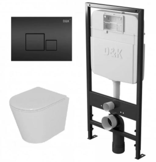 DK Комплект Унитаз подвесной безободковый (торнадо) D&K Venice DT1026516, 515*355*365мм, сиденье микролифт, белый+Инсталляция рамная скрытого монтажа D&K DI8055119, 550*100*1190мм, для подвесного унитаза, универсальная+Клавиша смыва D&K Quadro DB1519025,  DS1021612