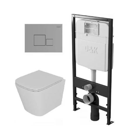 DK Комплект Унитаз подвесной безободковый (торнадо) D&K Berlin DT1436516, 490*340*350мм, сиденье микролифт, белый+Инсталляция рамная скрытого монтажа D&K DI8055119, 550*100*1190мм, для подвесного унитаза, универсальная+Клавиша смыва D&K Quadro DB1519001,  DS1431612