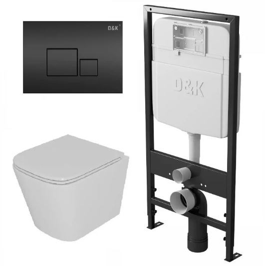 DK Комплект Унитаз подвесной безободковый (торнадо) D&K Berlin DT1436516, 490*340*350мм, сиденье микролифт, белый+Инсталляция рамная скрытого монтажа D&K DI8055119, 550*100*1190мм, для подвесного унитаза, универсальная+Клавиша смыва D&K Quadro DB1519025,  DS1431614