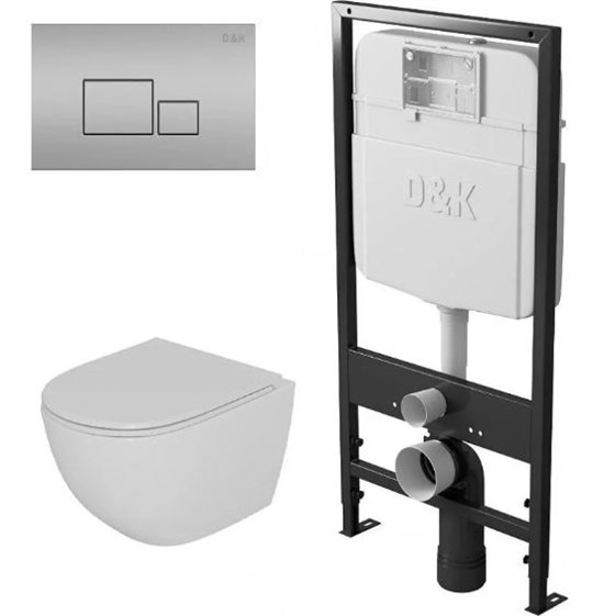 DK Комплект Унитаз подвесной безободковый (торнадо) D&K Matrix DT1396516, 490*370*360мм, сиденье микролифт, белый+Инсталляция рамная скрытого монтажа D&K DI8055119, 550*100*1190мм, для подвесного унитаза, универсальная+Клавиша смыва D&K Quadro DB1519002,  DS1391612