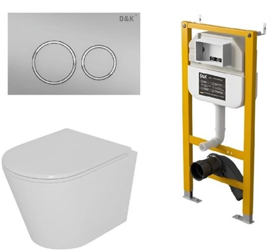 DK Комплект Унитаз подвесной безободковый (торнадо) D&K Venice DT1026516, 515*355*365мм, сиденье микролифт, белый+Инсталляция рамная скрытого монтажа D&K DI8050127, 500*117*1270мм, для подвесного унитаза, универсальная+Клавиша смыва D&K Bayern DB1529002,  DS1021613