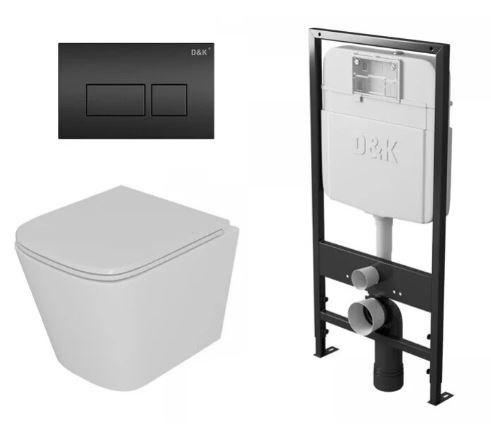 DK Комплект Унитаз подвесной безободковый D&K Berlin DT1436016, 490*340*350мм, сиденье микролифт, белый+Инсталляция рамная скрытого монтажа D&K DI8055119, 550*100*1190мм, для подвесного унитаза, универсальная+Клавиша смыва D&K Berlin DB1439025, черный DS1431619