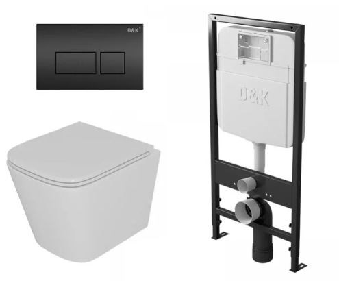 DK Комплект Унитаз подвесной безободковый D&K Berlin DT1436516, 490*340*350мм, сиденье микролифт, белый+Инсталляция рамная скрытого монтажа D&K DI8055119, 550*100*1190мм, для подвесного унитаза, универсальная+Клавиша смыва D&K Berlin DB1439025, черный DS1431627
