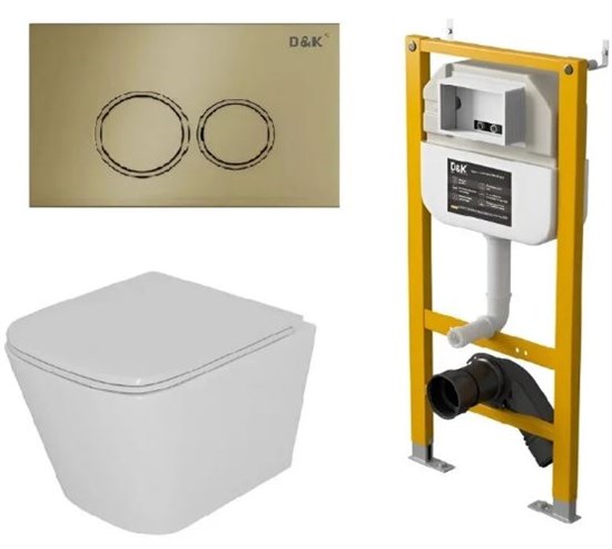 DK Комплект Унитаз подвесной безободковый (торнадо) D&K Berlin DT1436516, 490*340*350мм, сиденье микролифт, белый+Инсталляция рамная скрытого монтажа D&K DI8050127, 500*117*1270мм, для подвесного унитаза, универсальная+Клавиша смыва D&K Bayern DB1529007,  DS1431633