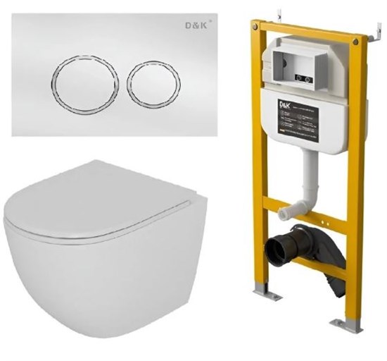 DK Комплект Унитаз подвесной безободковый D&K Matrix DT1396016+Инсталляция рамная скрытого монтажа D&K DI8050127, 500*117*1270мм, для подвесного унитаза+Клавиша смыва D&K Bayern DB1529016, белый DS1391614