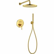 CEZARES Eco Душевой набор (встраиваемый смеситель с кнопочным управлением, верхний душш диаметр 25 см, ручной душ со шлангом, штуцером и держателем), брашированное золото