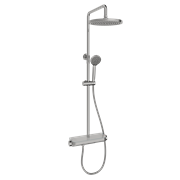 SANCOS Душевая стойка Teo c термостатом, встроенным изливом, полкой и с регулировкой по высоте штанги, c верхним душем ?250 мм , ручным душем ?100 мм, 3 режима, цвет хром, арт. SC11002CH SC11002CH