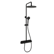 SANCOS Душевая стойка Teo c термостатом, встроенным изливом, полкой и с регулировкой по высоте штанги, c верхним душем ?250 мм , ручным душем ?100 мм, 3 режима, цвет черный матовый, арт. SC11002MB SC11002MB