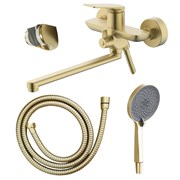 AZARIO Смеситель для ванны Lursy керамический картридж, длинный излив, с ручным душем, шланг 150 см, золото матовое (AZ-K1749MG) AZ-K1749MG
