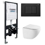 ABBER Комплект подвесной унитаз Bequem AC1131TC белый, с закрытым дном с инсталляцией AC0105 и кнопкой AC0120MB черный матовый AC1131TC-AC0105-AC0120MB