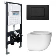 ABBER Комплект подвесной унитаз Bequem AC1132TC белый, с закрытым дном с инсталляцией AC0105 и кнопкой AC0120MB черный матовый AC1132TC-AC0105-AC0120MB