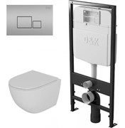 DK Комплект Унитаз подвесной безободковый (торнадо) D&K Matrix DT1396516, 490*370*360мм, сиденье микролифт, белый+Инсталляция рамная скрытого монтажа D&K DI8055119, 550*100*1190мм, для подвесного унитаза, универсальная+Клавиша смыва D&K Quadro DB1519002,  DS1391612