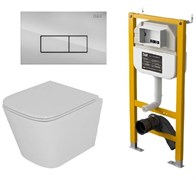 DK Комплект Унитаз подвесной безободковый (торнадо) D&K Berlin DT1436516, 490*340*350мм, сиденье микролифт, белый+Инсталляция рамная скрытого монтажа D&K DI8050127, 500*117*1270мм, для подвесного унитаза, универсальная+Клавиша смыва D&K Rhein DB1499001, х DS1431628